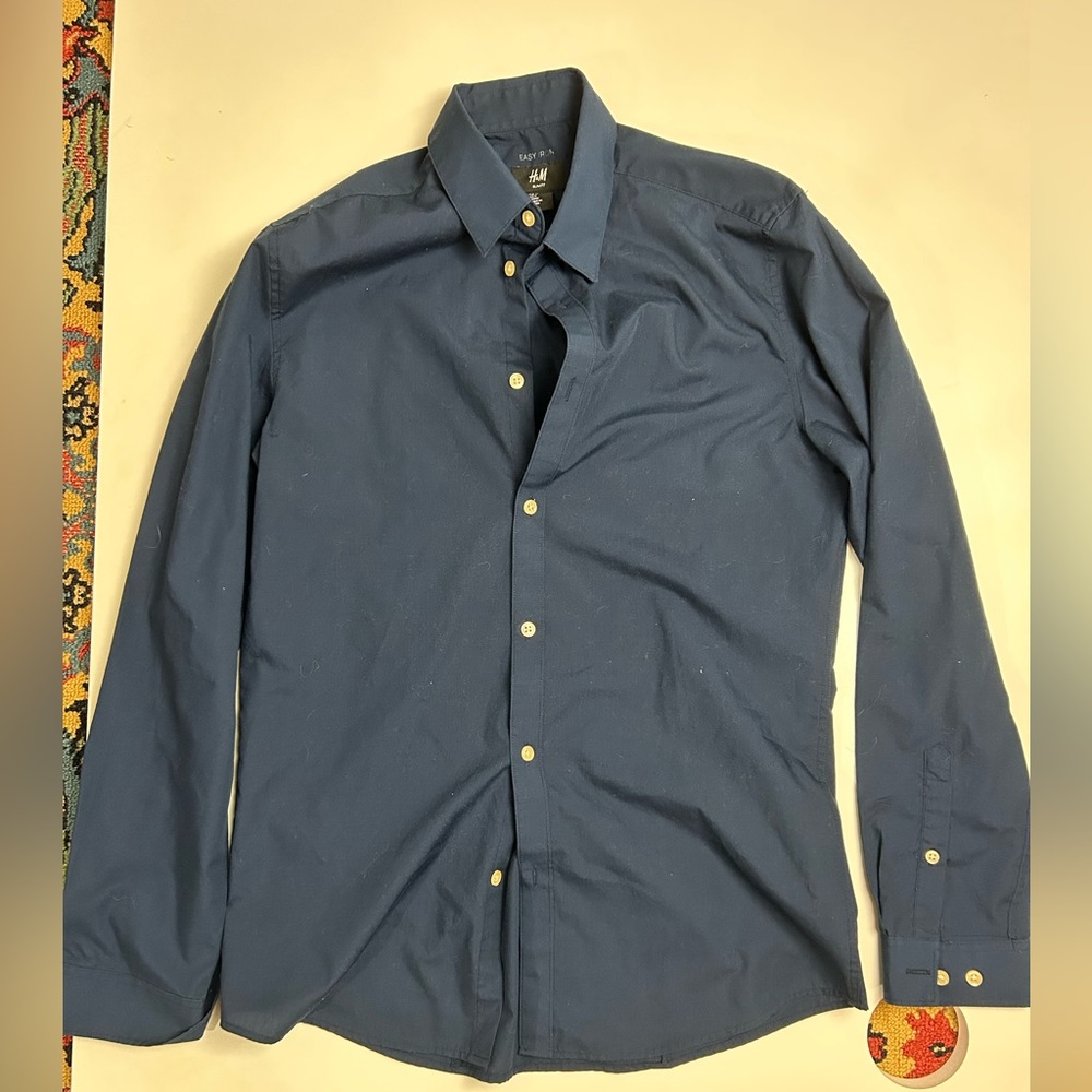 H&M Men’s Easy Iron Slim Fit Navy Collared Shirt